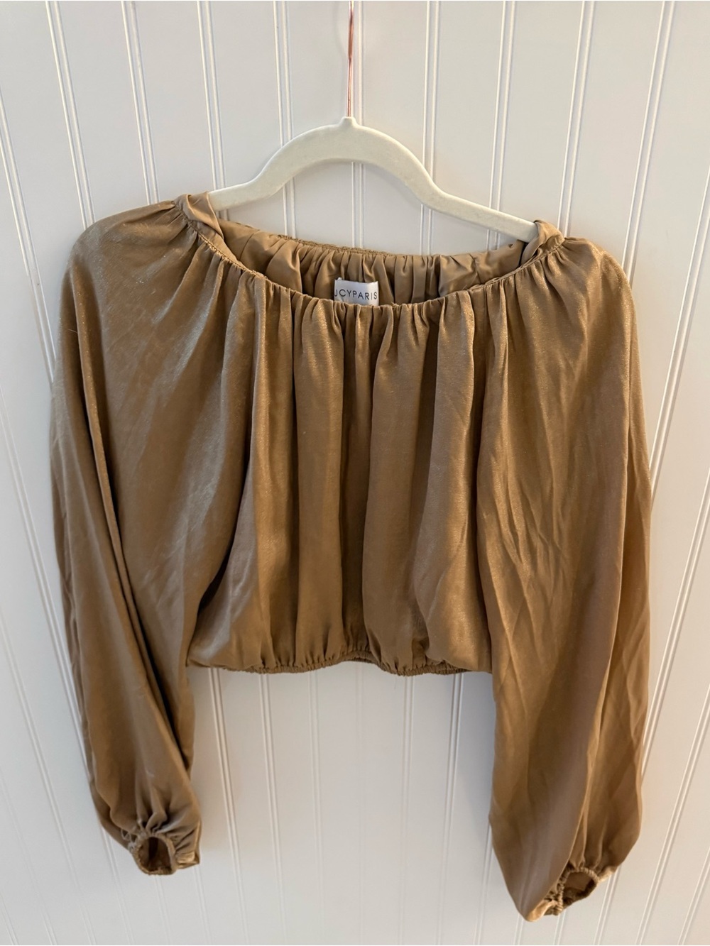 Lucy Paris Tan Satin Off-Shoulder Cropped Blouse